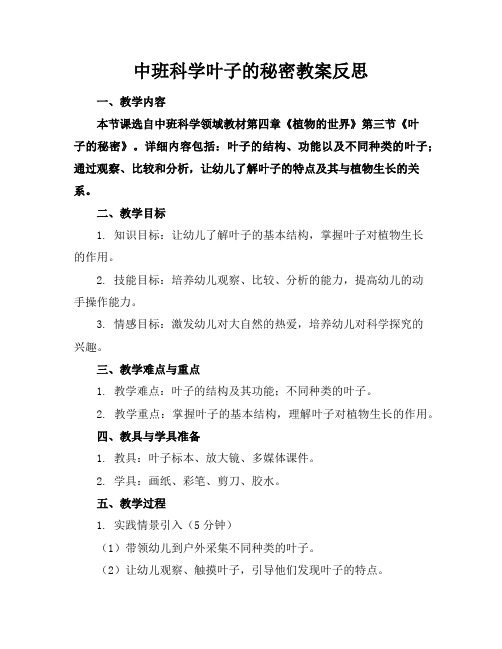 中班科学叶子的秘密教案反思