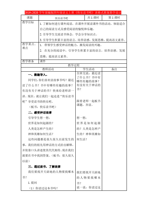 2019~2020学年部编版四年级语文上册第四单元《快乐读书吧》表格式教案教学设计