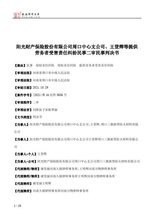 阳光财产保险股份有限公司周口中心支公司、王登辉等提供劳务者受害责任纠纷民事二审民事判决书