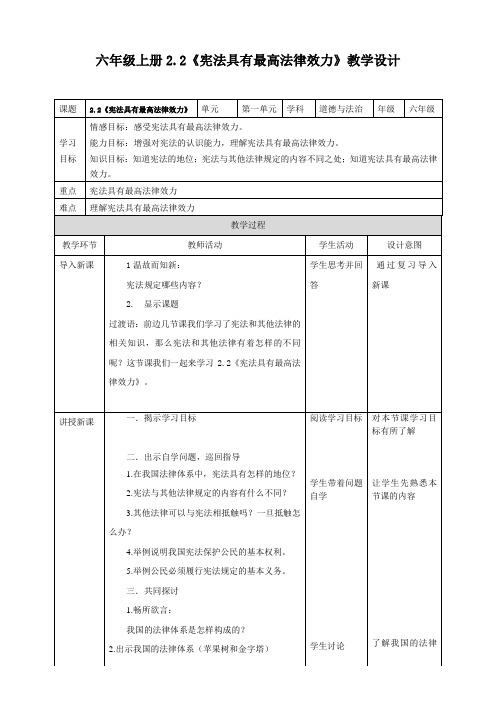 部编人教版六年级道德与法治上册《宪法具有最高法律效力》教学设计