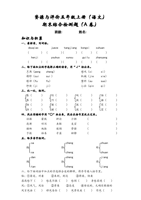 语文资源与评价五年级上册(期末综合检测题)