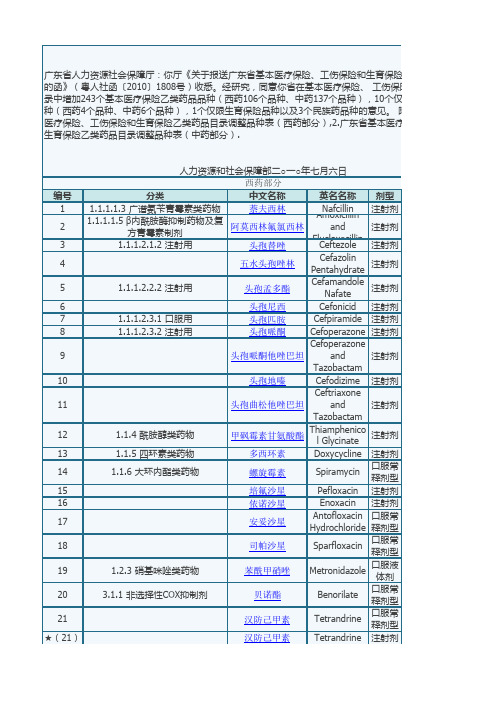 广东省医保目录2010版