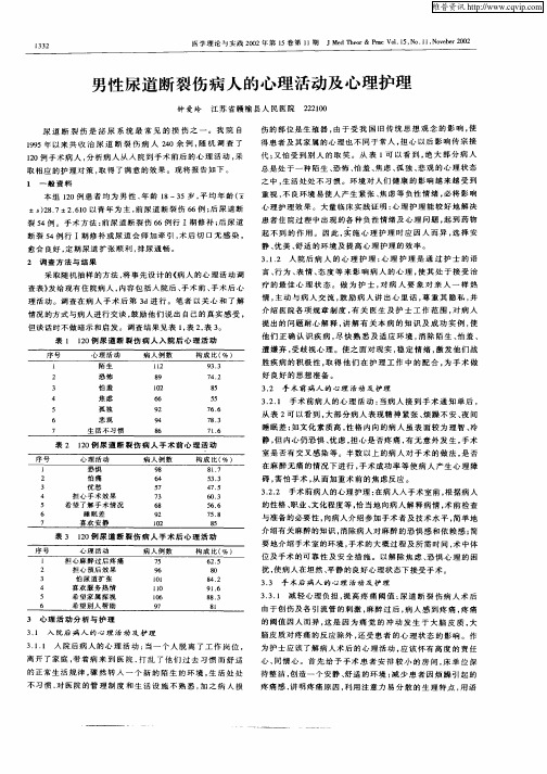 男性尿道断裂伤病人的心理活动及心理护理