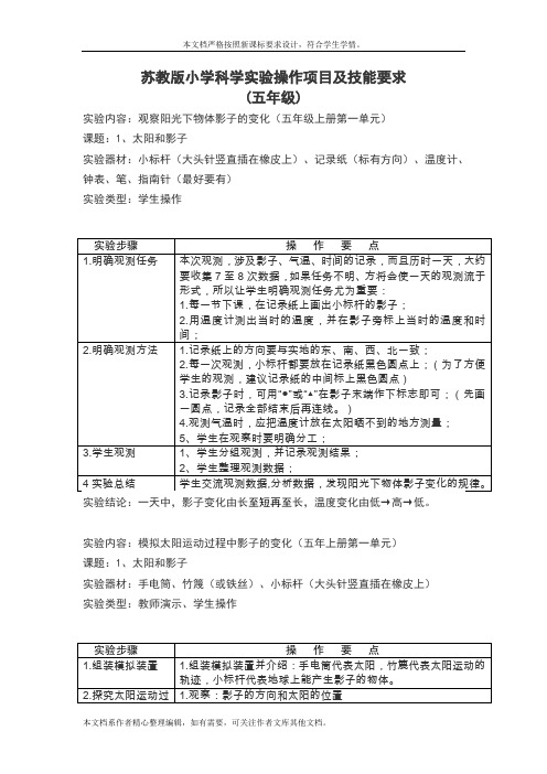 苏教版小学科学实验操作项目及技能要点(五年级)