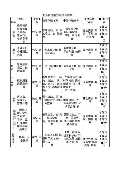 生活自理能力等级评估表