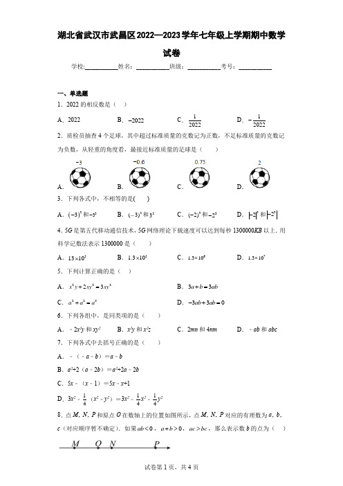 湖北省武汉市武昌区2022—2023学年七年级上学期期中数学试卷