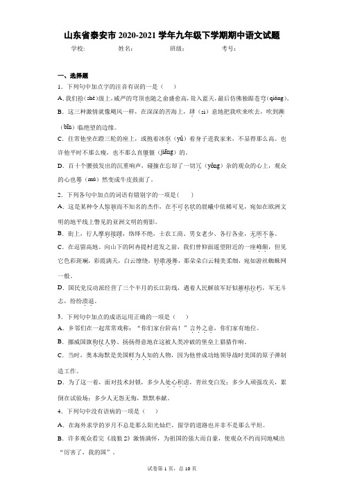 山东省泰安市2020-2021学年九年级下学期期中语文试题(word版 含答案)