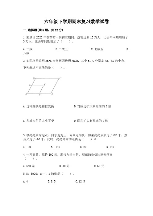 六年级下学期期末复习数学试卷A4版可打印