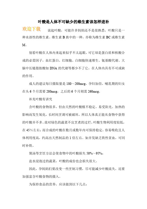 叶酸是人体不可缺少的维生素该怎样进补