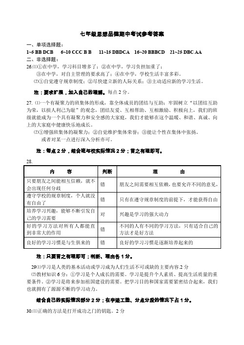 七年级思想品德期中考试参考答案