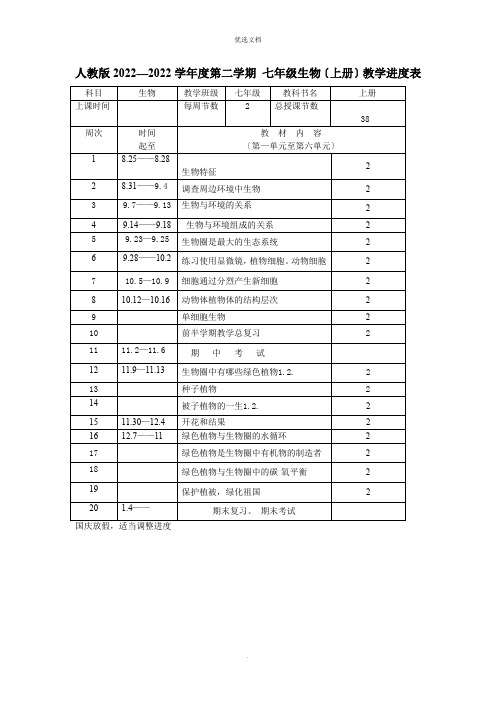 人教七年级生物上册教学进度表