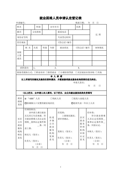 就业困难人员申请认定登记表