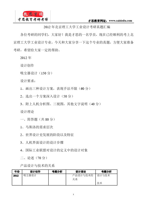 2012年北京理工大学工业设计考研真题汇编