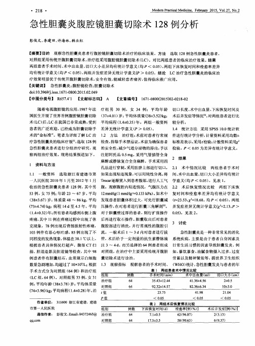 急性胆囊炎腹腔镜胆囊切除术128例分析