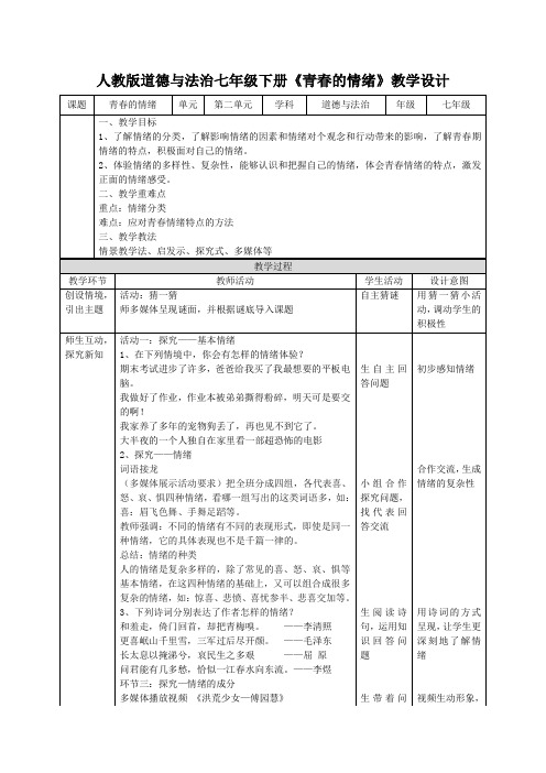 初中道德与法治_青春的情绪教学设计学情分析教材分析课后反思