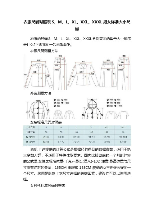 衣服尺码对照表S、M、L、XL、XXL、XXXL男女标准大小尺码