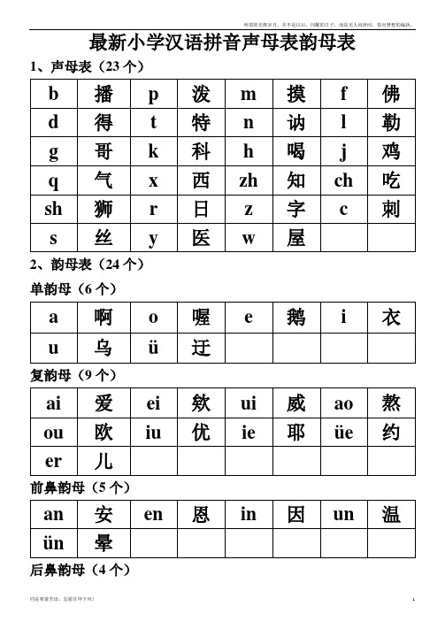 最新小学汉语拼音声母表韵母表(新)