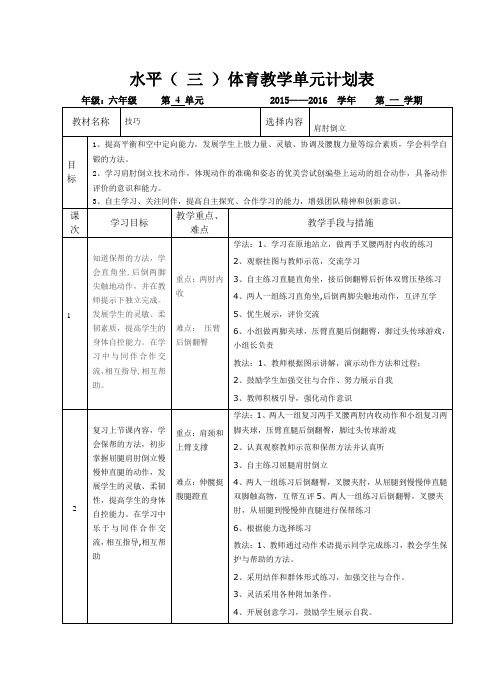 六年级技巧肩肘倒立-单元计划