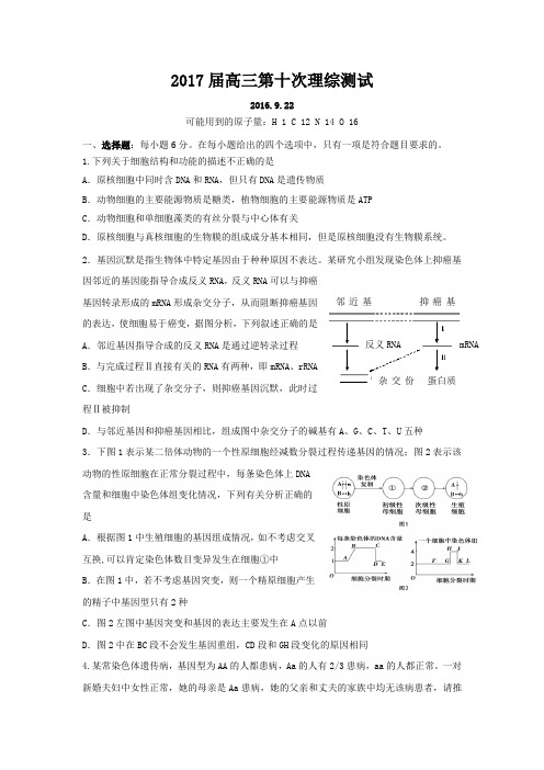 广东深圳高三上学期第十次测试理科综合试题9.22word版含答案