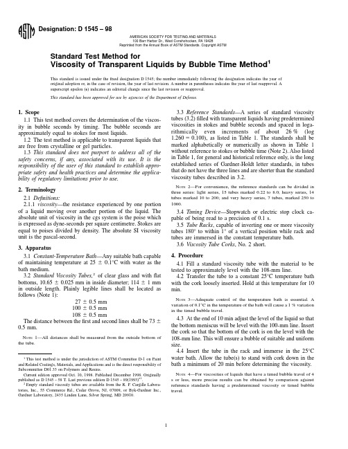 ASTM D1545_98 Standard Test Method for Viscosity of Transparent Liquids by Bubble Time Method