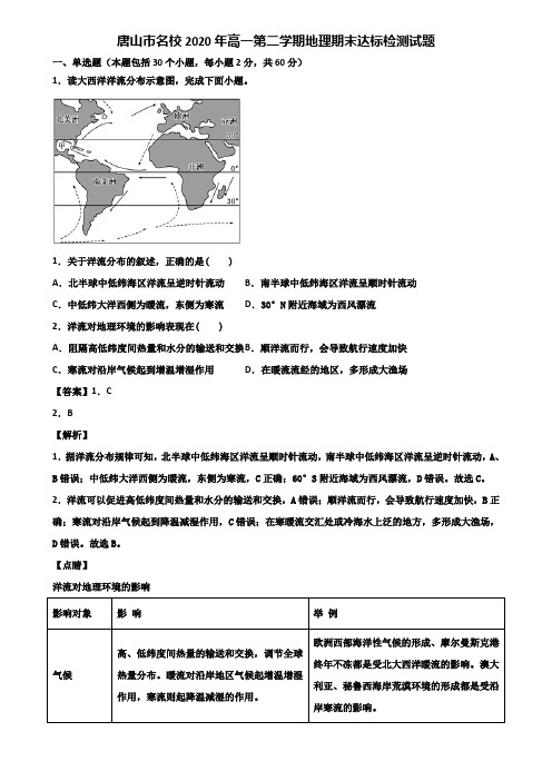 唐山市名校2020年高一第二学期地理期末达标检测试题含解析