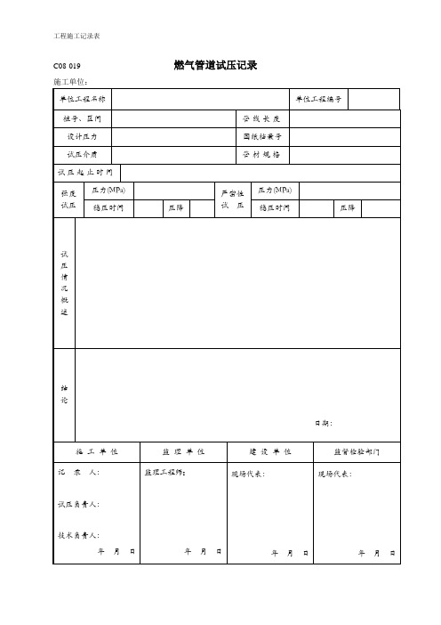 工程施工燃气管道试压记录