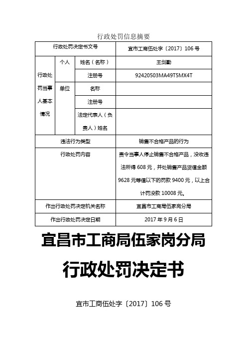 行政处罚信息摘要