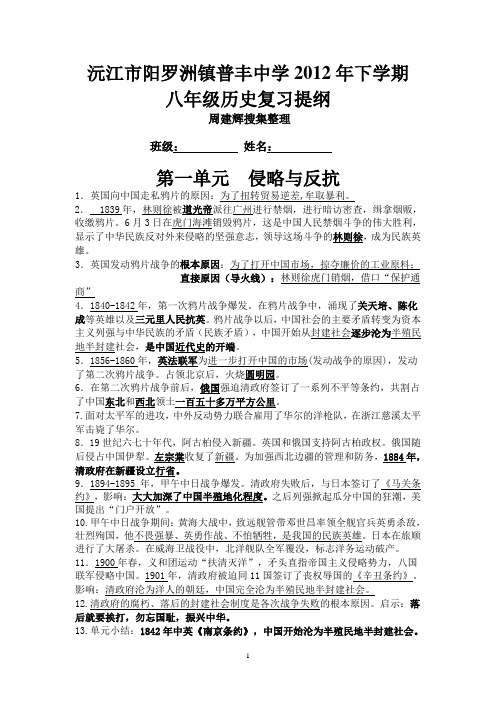 沅江市阳罗洲镇普丰中学2012年下学期八年级历史复习提纲(岳麓版)