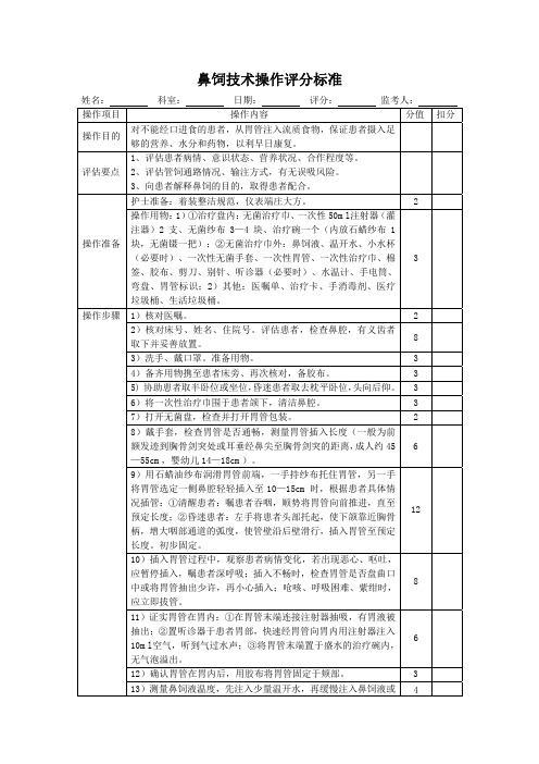 鼻饲技术操作评分标准表