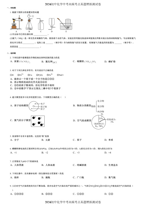 2024初中化学中考高频考点真题模拟测试卷 (3391)