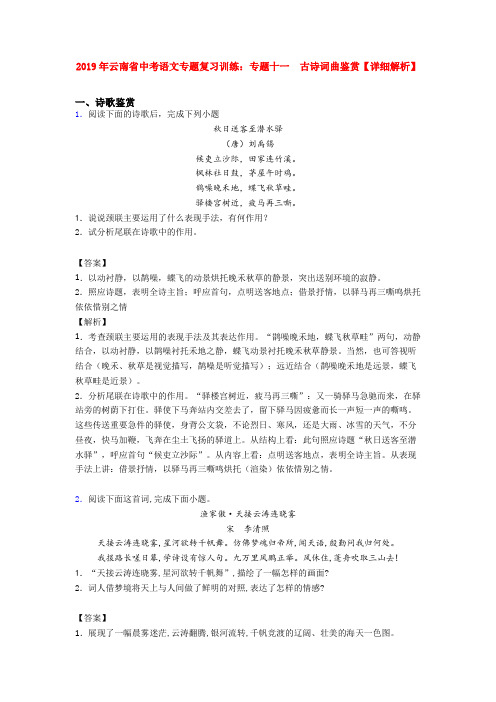 2019年云南省中考语文专题复习训练：专题十一 古诗词曲鉴赏【详细解析】