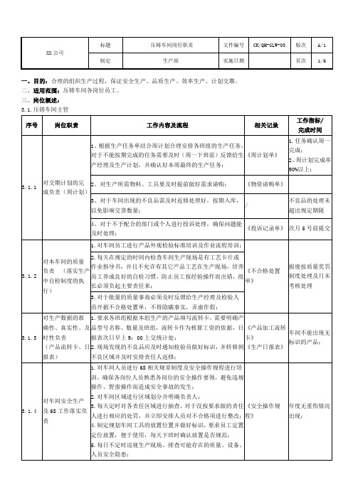 压铸车间岗位职责