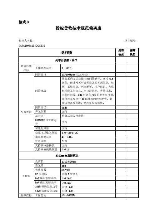 投标货物技术规范偏离表