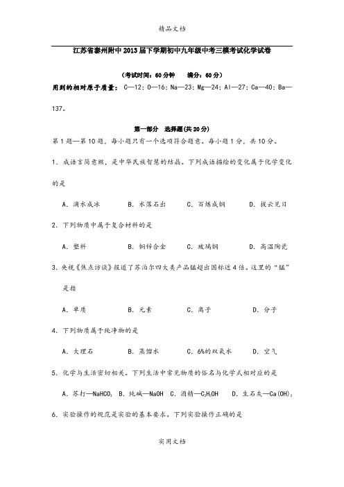 江苏省泰州附中2013届下学期初中九年级中考三模考试化学试卷 (3)