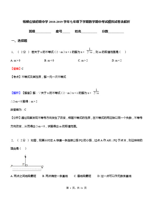 杨柳庄镇初级中学2018-2019学年七年级下学期数学期中考试模拟试卷含解析