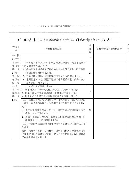 广东省机关档案综合管理升级考核评分表