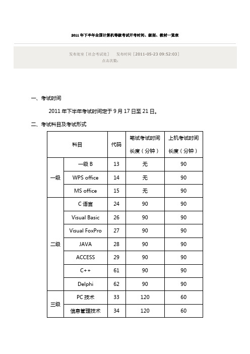 2011年下半年全国计算机等级考试开考时间