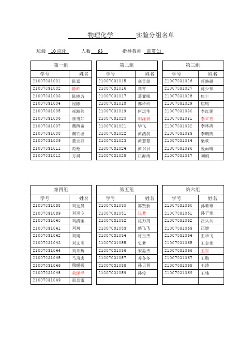 10应化物理化学实验分组名单