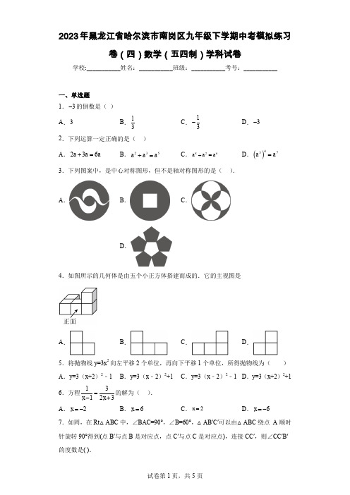 2023年黑龙江省哈尔滨市南岗区九年级下学期中考模拟练习卷(四)数学(五四制)学科试卷