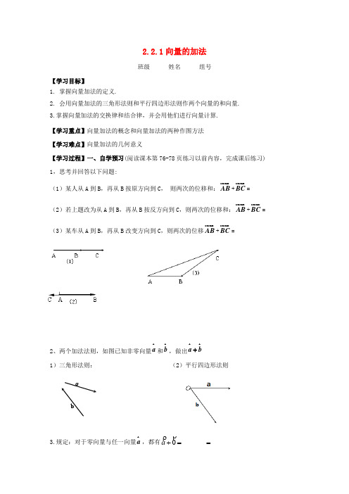 陕西省商洛市柞水县高中数学 第二章 平面向量 2.2.1 向量的加法学案(无答案)北师大版必修4