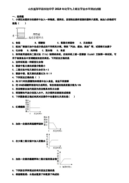 山东省邹平县实验中学2019年化学九上期末学业水平测试试题