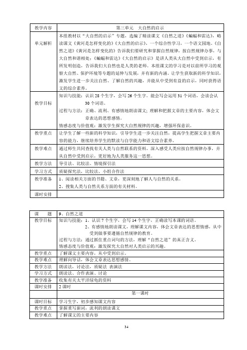 人教版四年级下册语文第三单元表格式教案