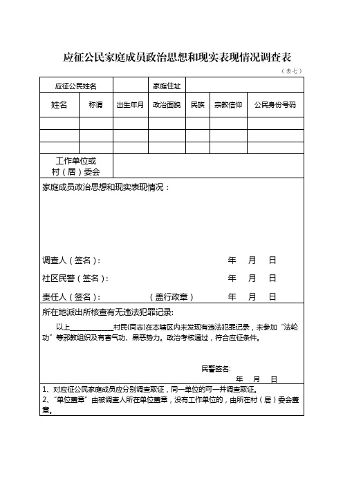 应征公民家庭成员政治思想和现实表现情况调查表