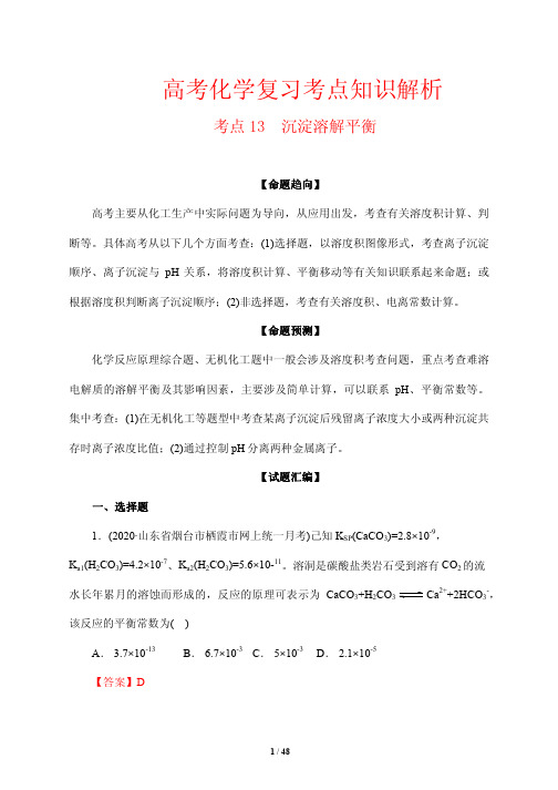 高考化学复习考点知识解析13---沉淀溶解平衡(解析版)