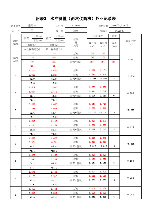 四等水准测量记录及平差计算表(两次仪高法)