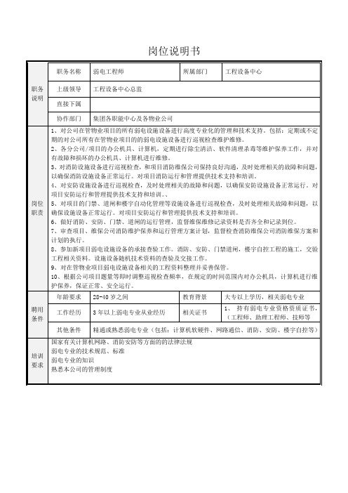 物业弱电工程师岗位说明书