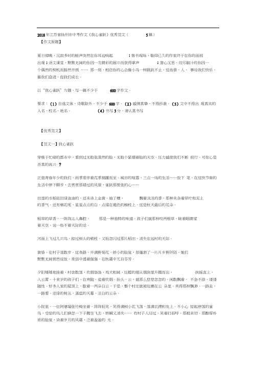 2018年江苏省扬州市中考作文《我心雀跃》优秀范文(5篇)