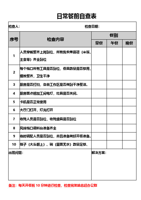 日常餐前自查表