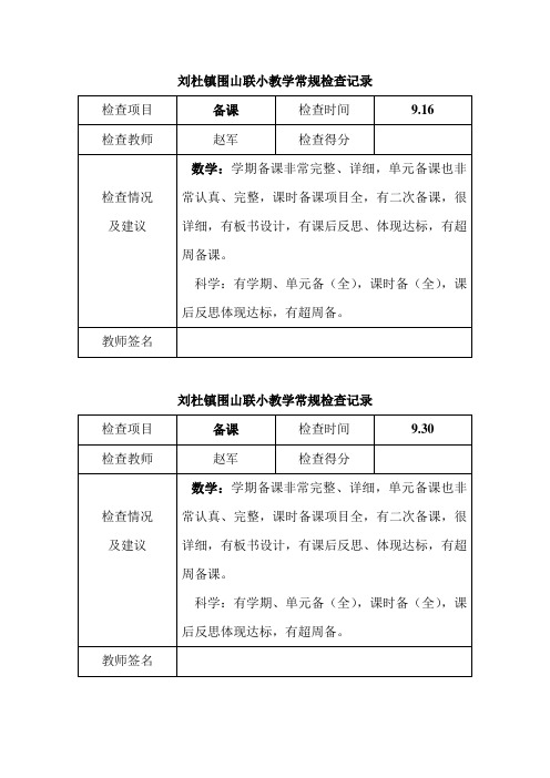 刘杜镇围山联小教学常规检查记录