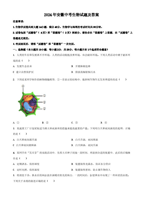 2024年安徽中考生物试题及答案(1)